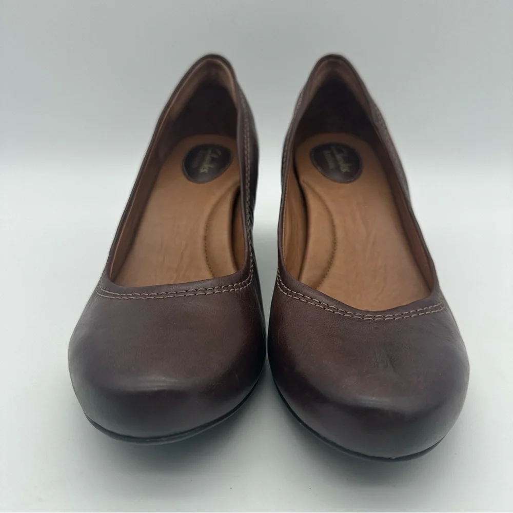 Clarks Dark Brown Leather Women's Almond Toe Pumps